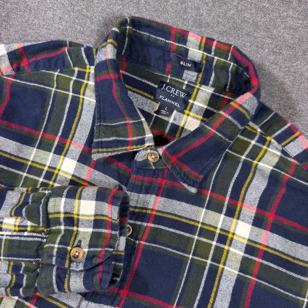 J.Crew Flannel Shirt Mens L Slim Navy Blue Plaid Cotton Long Sleeve Button Up